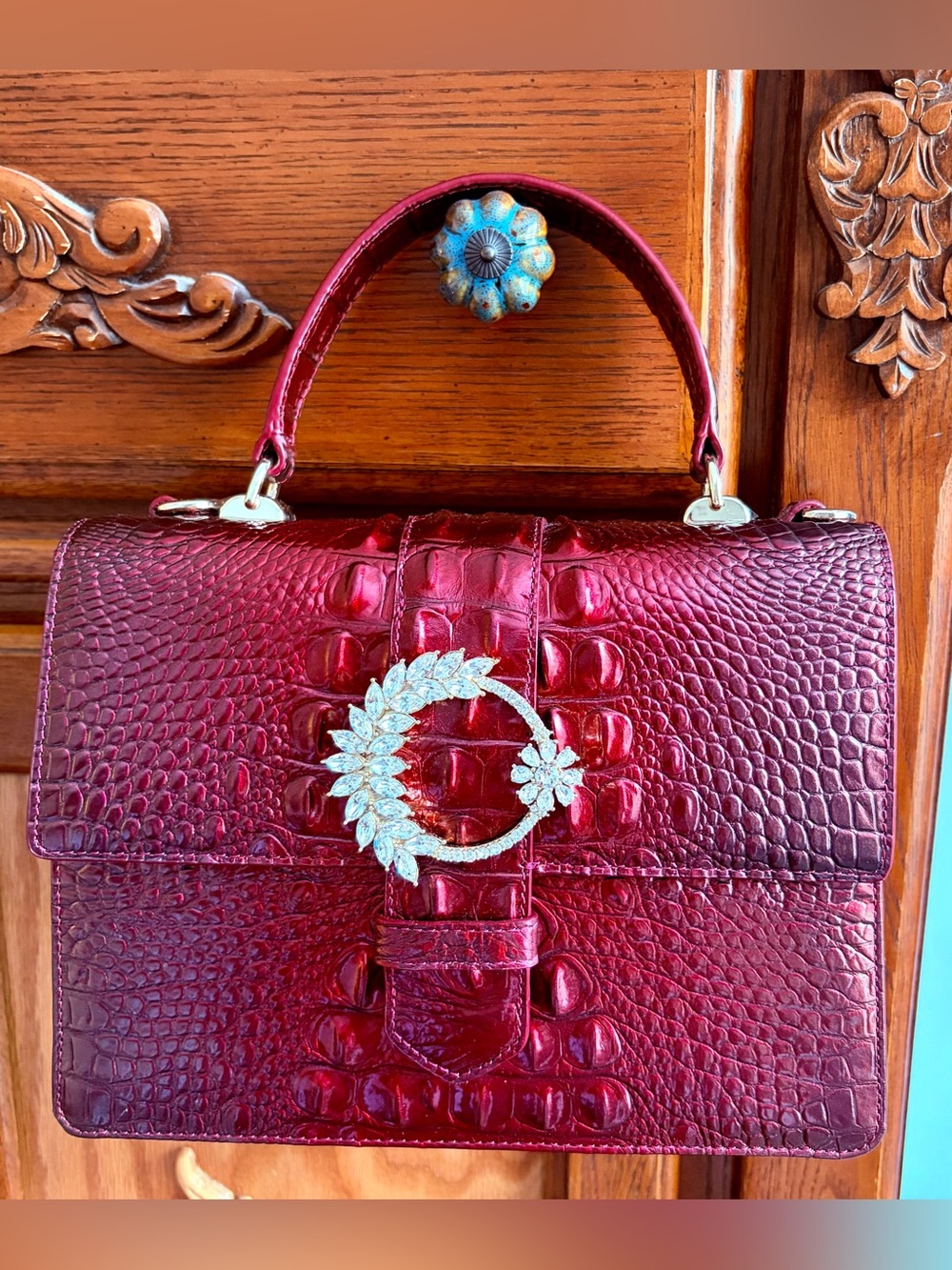 Brahmin Red Croc-Embossed Satchel with Swarovski Wreath Buckle, and Bird Charm - Picture 2 of 12